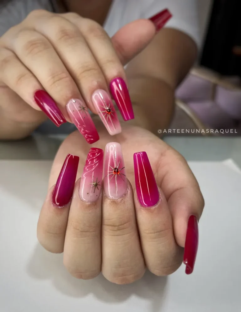 Uñas largas rosa y rojo cuadradas en Arte en Uñas Raquel