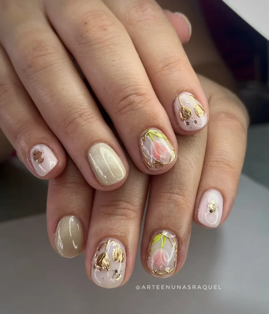 Rubber base con detalles dorados en Arte en Uñas Raquel